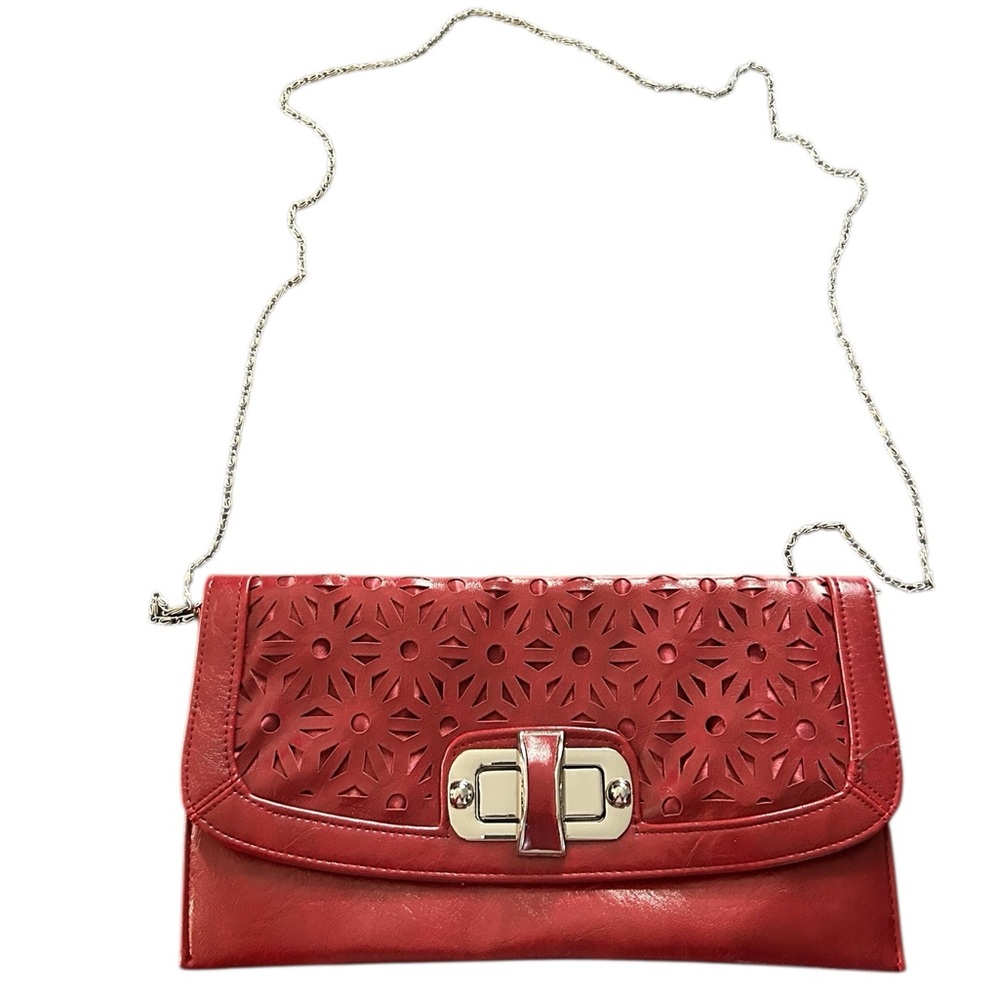 Poppie Jones Vintage Red Faux Leather Clutch with Chain Strap EUC